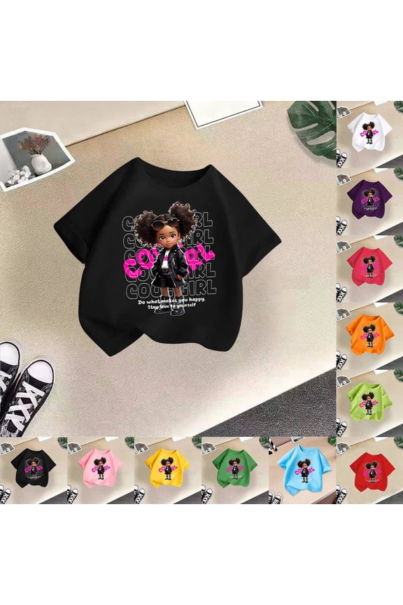 Girls Tshirts Children Pretty Design Round Neck Short Sleeve T Shirt Top Girls Tops Black 3-4 Years