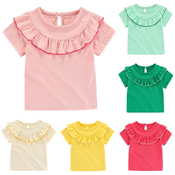 Girls Tshirts Children Ruffle Hem Round Neck Short Sleeve Soft Daily Top Girls' Tops Pink 18-24 Months