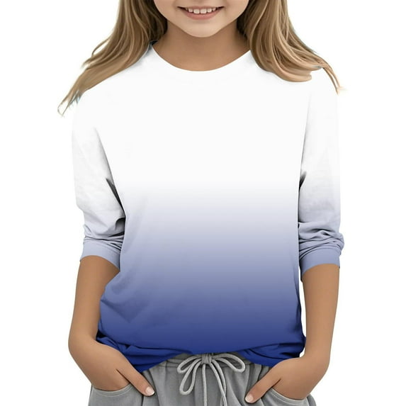 Girls Tshirts Children's Tshirt Fashion Gradient Color Shirt 3/4 Sleeve Blouse Round Neck Tops Shirts Three Quarter Sleeve Blouse Plus Size