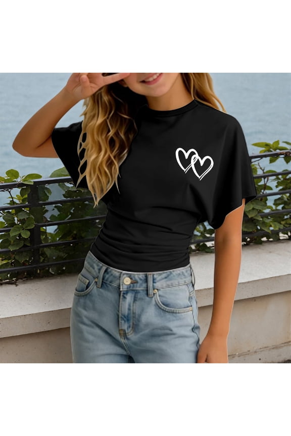 Girls Tshirts Comfort Casual Double Heart Print Waist Defined Round Neck Short Sleeve Top Toddler Girls Clothes Black 3-4Y