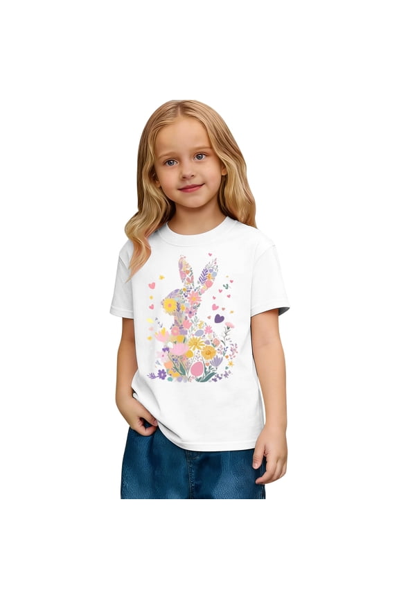 Girls Tshirts Easter Bunny Graphic Short Sleeve Round Neck T Shirt for Girls Toddler Kids Casual Soft Tee Top Children White 2 Years-3 Years