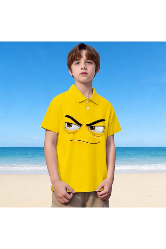 Girls Tshirts Expression Graphic Short Sleeve Button Front Resort Girls Tops Yellow 3-4 Years