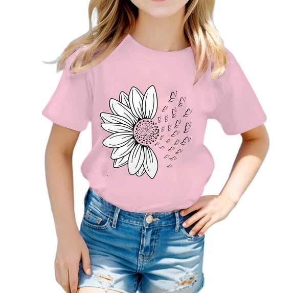 Girls Tshirts Floral Print Short Sleeve Crew Neck Summer Casual Breathable Soft Trendy Pink Girls Tops Size 18-24 M
