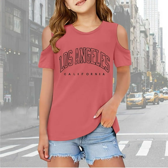 Girls Tshirts Graphic Letter Print Short Sleeve Tshirts Cut-Out Design Crewneck Pullover Undershirt Girls Shirts Size 4-5 Years