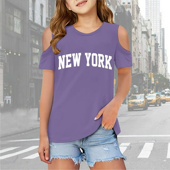 Girls Shirts Graphic Letter Print T Shirt Short Sleeve Shoulder Cut-Out Summer Crewneck Tops Basic Tees Girls Tops Size 9-10 Years