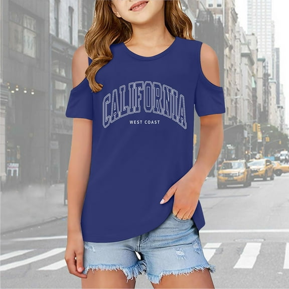 Girls Tshirts Graphic Short Sleeve Tshirts Shoulder Cut-Out Summer Crewneck Tops Basic Tees Trendy Clothes for Girls 9-10 Years