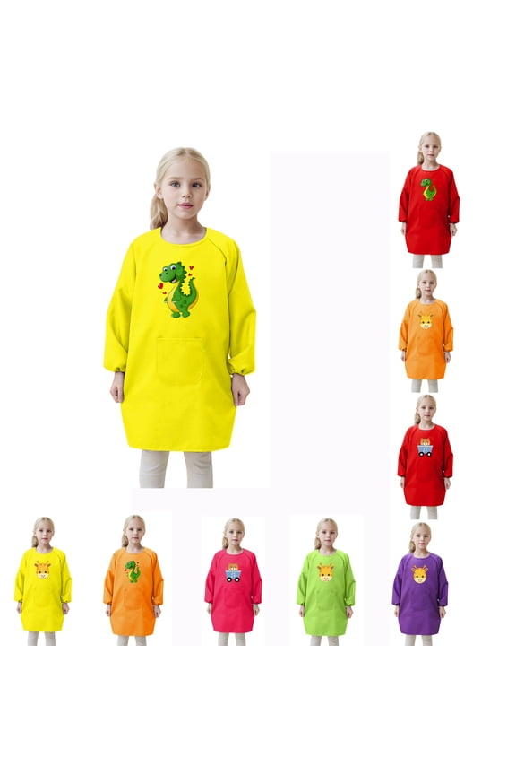 Girls Tshirts Kids Art Smock Apron with Pocket Long Sleeve Cute Printed Top Girls' Tops Gold 4-8 Years