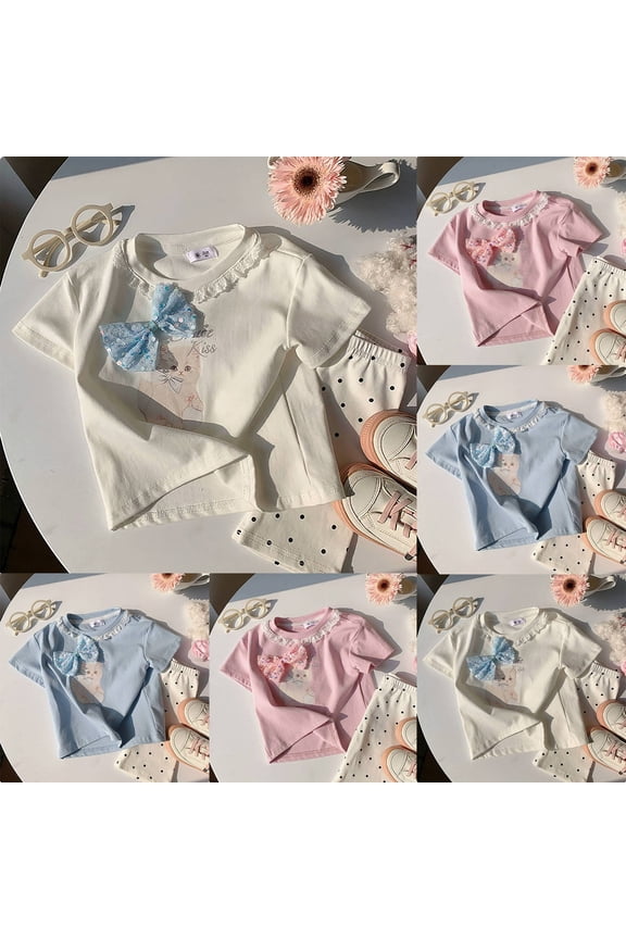 Girls Tshirts Kids Cute Cat Print Lace Collar Bow Tie Korean Style Summer Top Girls' Tops Light Blue 3-4 Years