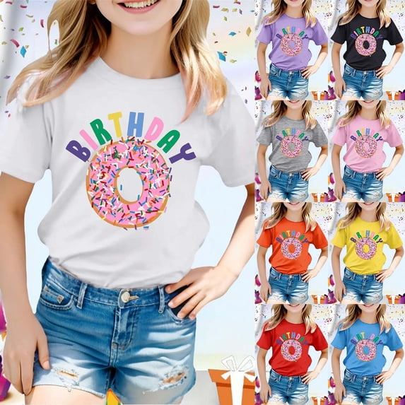 Girls Tshirts Kids Happy Birthday Girl Graphic Tee Short Sleeve Round Neck Casual Girls Tops Yellow 4-5 Years