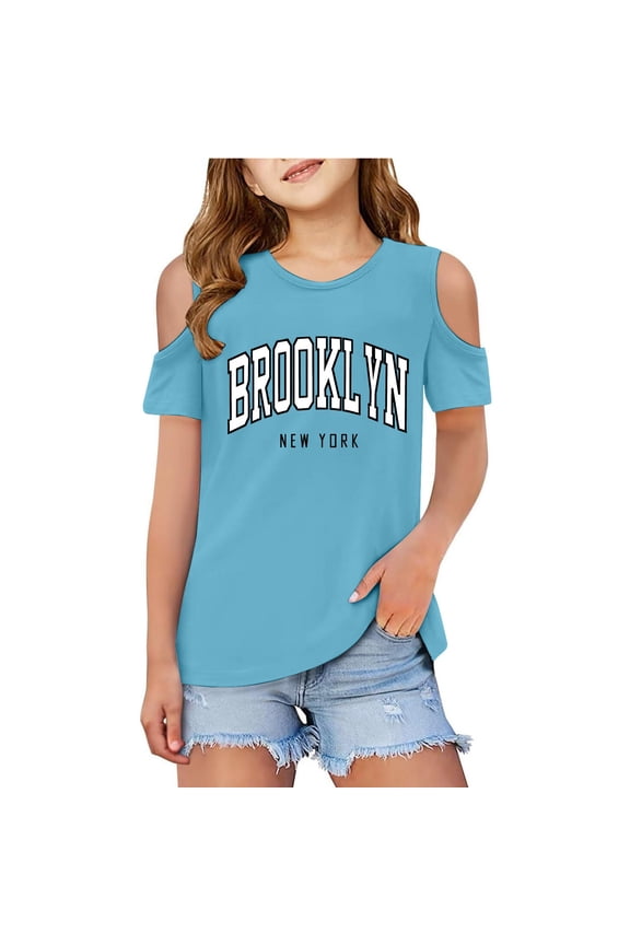 Girls Tshirts Graphic Letter Print Short Sleeve Tshirts Cut-Out Design Crewneck Girls Blouse Tee Shirt for Girls 9-10 Years