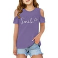 thumbnail image 1 of Girls Tshirts Kids Letter Printed Short Sleeve Tshirts Cut-Out Design Crewneck Pullover Undershirt Clothes for Girls 5-6 Years, 1 of 6