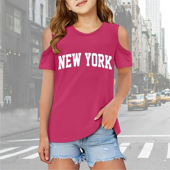 Girls Shirts Graphic Letter Print Short Sleeve Tshirts Shoulder Cut-Out Casual Tees Shirt Tops Girls Tops Size 7-8 Years