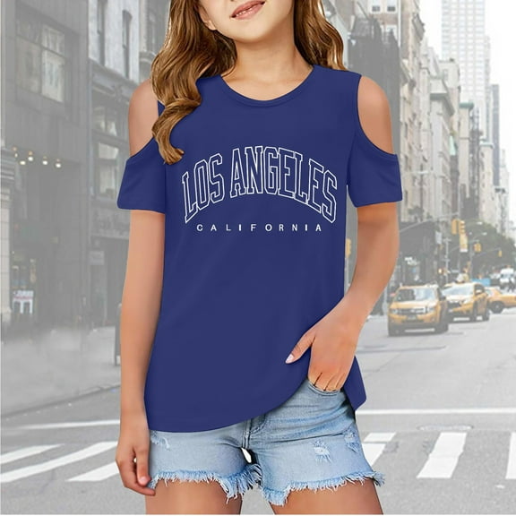 Girls Tshirts Kids Letter Printed Short Sleeve Tshirts Shoulder Cut-Out Crewneck Girls Blouse Tee Shirt for Girls 4-5 Years