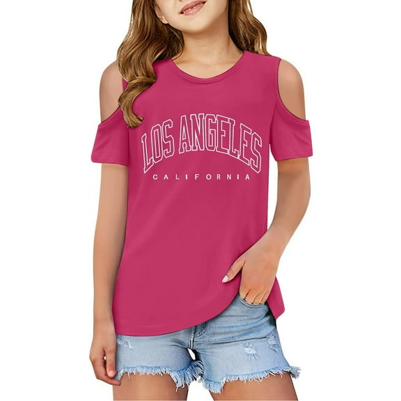 Girls Tshirts Kids Letter Printed Short Sleeve Tshirts Shoulder Cut-Out Crewneck Tee Tops T Shirts for Girls 9-10 Years