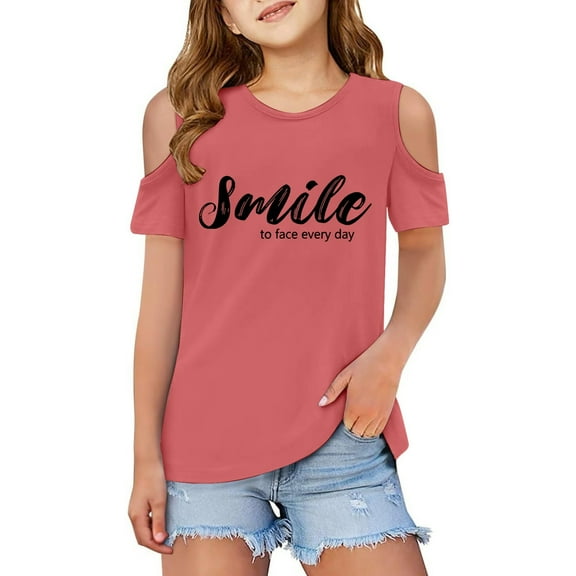 Girls Tshirts Kids Letter Printed Short Sleeve Tshirts Shoulder Cut-Out Crewneck Undershirts Cute Tops for Girls 11-12 Years