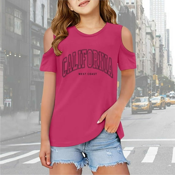 Girls Tshirts Kids Letter Printed T Shirt Short Sleeve Cut-Out Design Summer Tops Crewneck Tees Clothes for Girls 7-8 Years