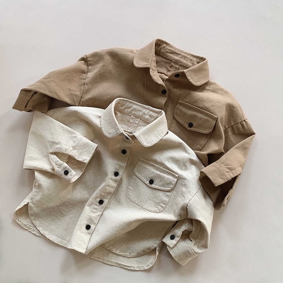 Girls Tshirts Kids Long Sleeve Solid Pocket Lapel Button Gentleman Shirt Girls Tops Coffee 5-6 Years