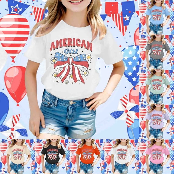 Girls Tshirts Kids Patriotic Firework Graphic Tee Short Sleeve Crewneck Summer Top Girls Tops Black 10-11 Years