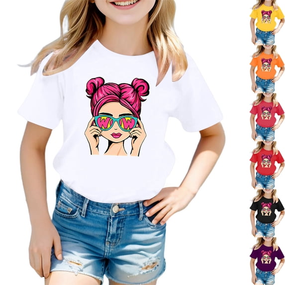 Girls Tshirts Kids Summer Casual Graphic Print Short Sleeve Round Neck Tee Girls Tops BU1 7-8 Years