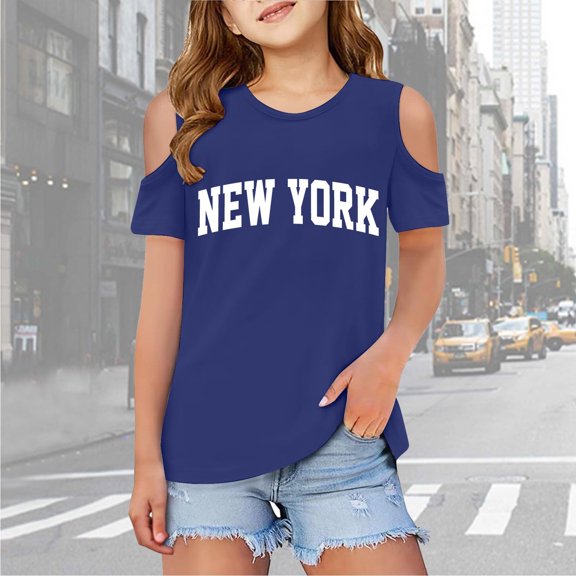 Girls Tshirts Letter Print Short Sleeve Shirts Cut-Out Design Casual Crewneck Basic Tees Cute Tops for Girls 9-10 Years