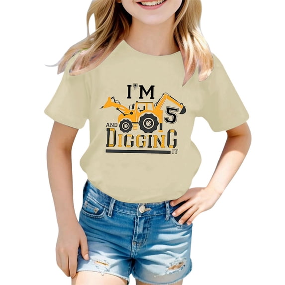 Girls Tshirts Lightweight Cartoon Print Crew Neck Short Sleeve Tee for Casual Wear Girls' Tops Tees Blouses Beige 1 Years-2 Years