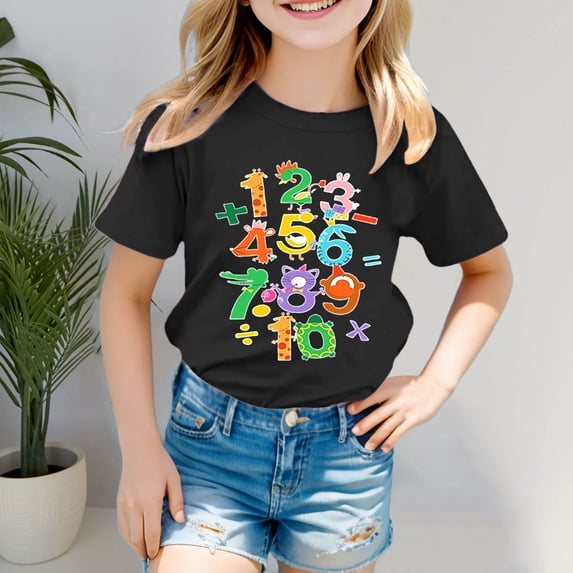 Girls Tshirts Lightweight Letter Print Crew Neck Short Sleeve Tee for Casual Wear Girls' Tops Tees Blouses Black 3 Years-4 Years