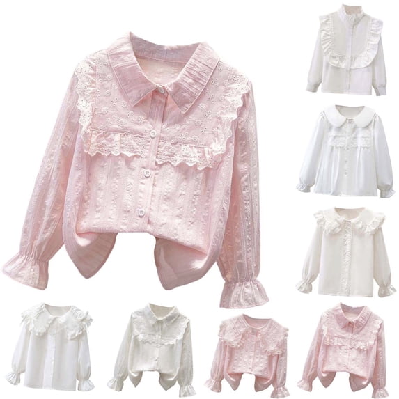 Girls Tshirts Long Sleeve Ruffled Button Down Party Blouse School Top Girls' Tops Beige2 9-10 Years