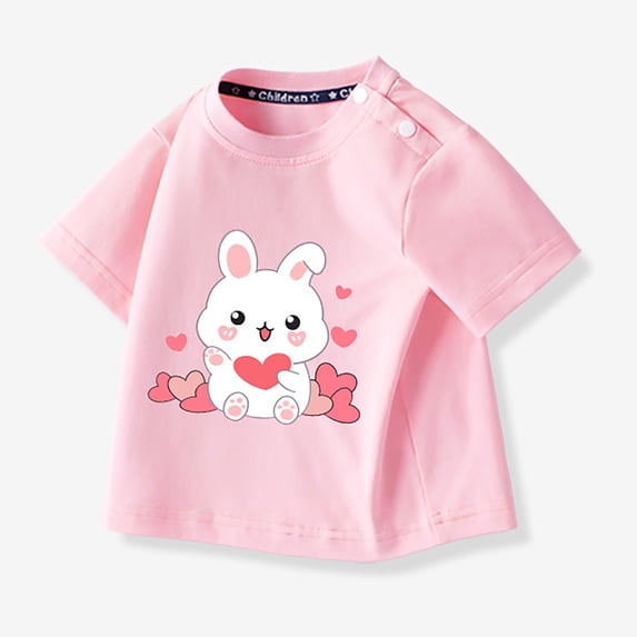 Girls Tshirts Loose Fit Cartoon Print Crew Neck Short Sleeve Tee for Daily Wear Girls' Tops Tees Blouses Pink 2 Years-3 Years