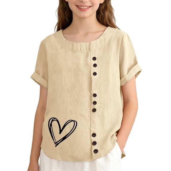 Girls Tshirts Loose Fit Lightweight Heart Print Buttons Crew Neck Short Sleeve Tee for Daily Wear Girls' Tops Tees Blouses Beige 4 Years-5 Years