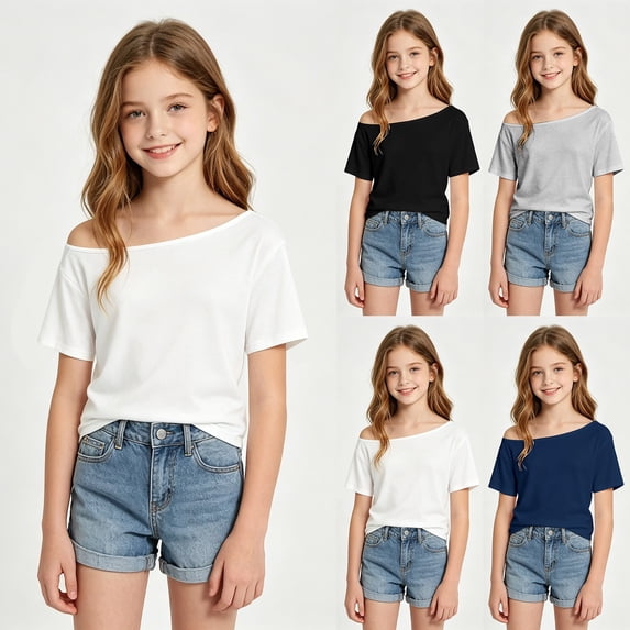 Girls Tshirts Off Shoulder Solid Color Tee Shirt Casual Top for Youth Girls' Tops White 8-9 Years