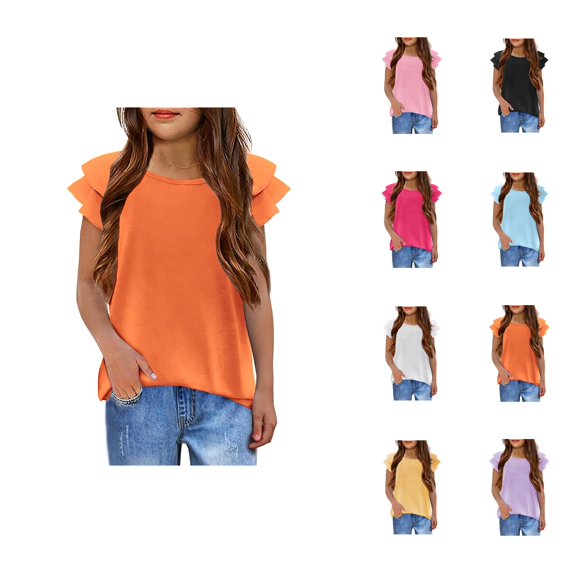 Girls Tshirts Short Ruffle Sleeve Crewneck Casual Tee Tops Summer Blouse 3-12 Years