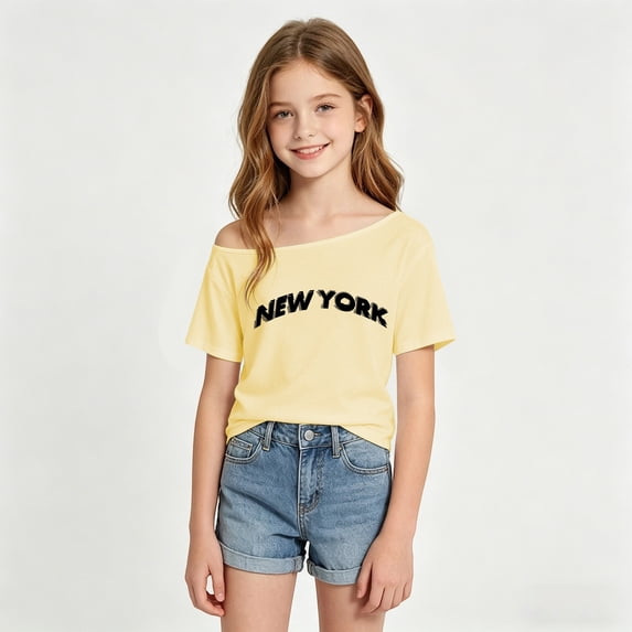 Girls Tshirts Short Sleeve Asymmetrical Neck Graphic Tees New York City Letter Print Summer Stylish Kids T Shirts Size 7-8Y