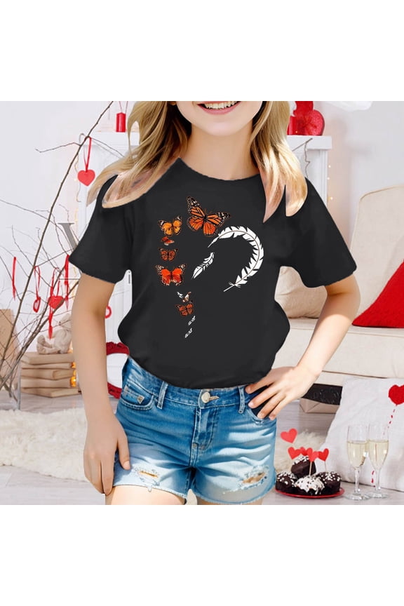 Girls Tshirts Short Sleeve Crew Neck Butterfly Print T Shirt for Truth And Reconciliation Day Girls' Tops Tees Blouses Black 3 Years-4 Years