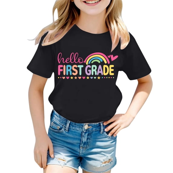 Girls Tshirts Short Sleeve Crew Neck Graphic Tees Casual Letter Print Campus Wear Stylish T-Shirts for Girls Size 1-2Y