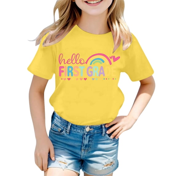 Girls Tshirts Short Sleeve Crew Neck Graphic Tees Casual Letter Print Campus Wear Stylish T-Shirts for Girls
