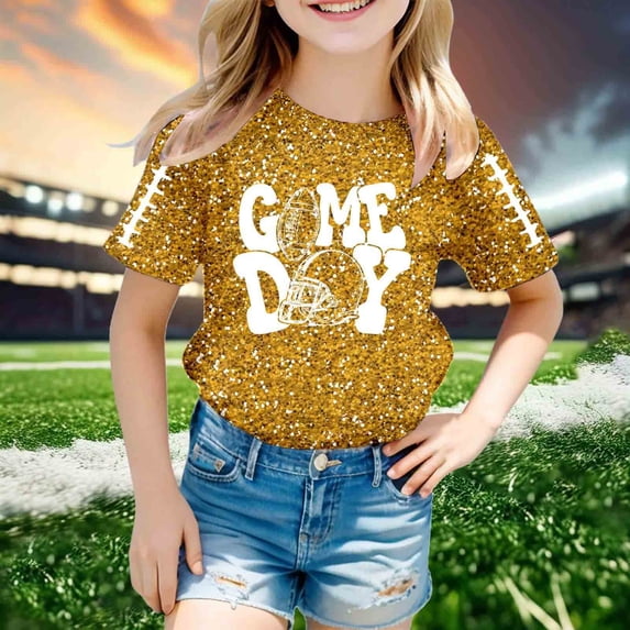 Girls Tshirts Short Sleeve Crewneck Graphic Tees Sequin Letter Print Stylish Casual Sparkle T-Shirts for Girls Size 4-5Y