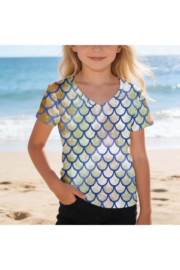 Girls Tshirts Size 3-4Y Comfort Fish Scale Print Short Sleeve V Neck Drop Shoulder Top Toddler Girl Clothes