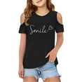 thumbnail image 1 of Girls Tshirts Smile Print Kids T Shirts Short Sleeve Cold Shoulder Kids Crewneck Basic Girls' Tops, Tees & Blouses Black 3 Years-4 Years, 1 of 6
