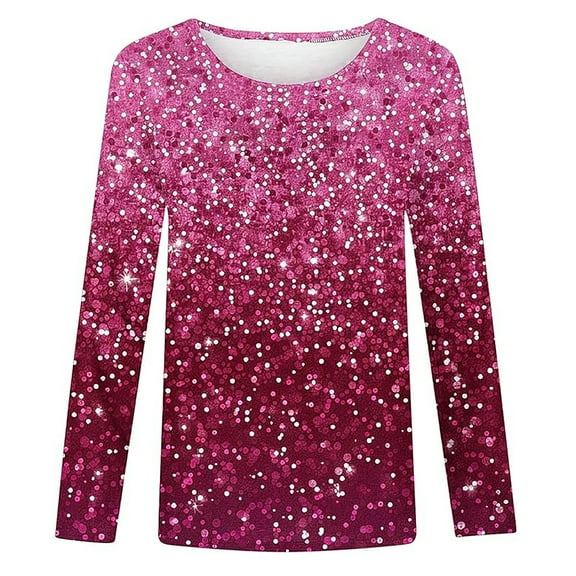 Girls Tshirts Spring Summer Long Sleeve Gradient Sequin Printed Round Neck Flash Shirt Girls' Tops Hot Pink 7-8 Years