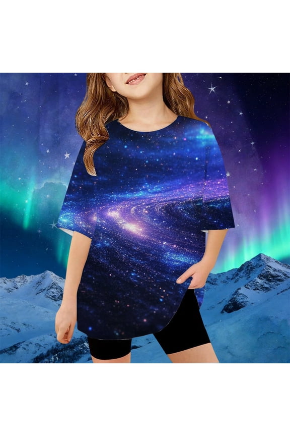 Girls Tshirts Star Print Short Sleeve Loose Fit Casual Blend Top Girls Tops Blue 2-3 Years