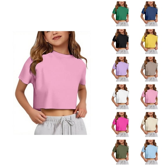 Girls Tshirts Summer Short Sleeve Crewneck Plain Y2k Cropped Tops 5-14 Years