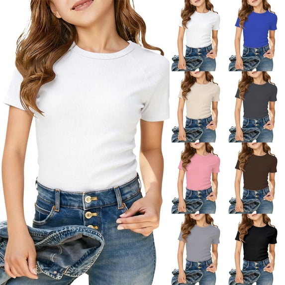 Girls Tshirts Summer Tops Short Sleeves Solid Color Tees Casual Crew Neck Basic Tees for Kids Pink 5-6 Years