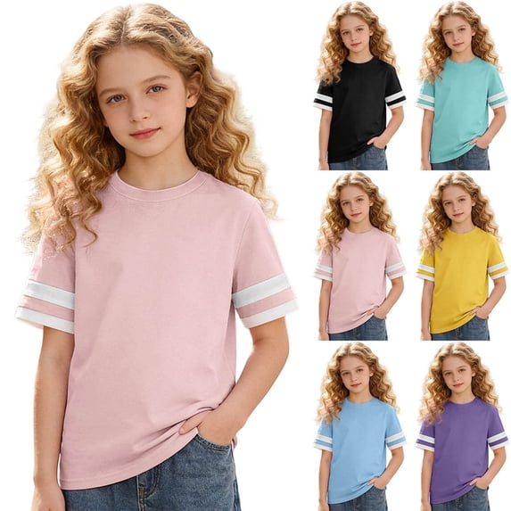 Girls Tshirts Summer Tops Short Sleeves Solid Color Tees Casual Stripes Crew Neck Basic Tees for Kids Pink 10-11 Years