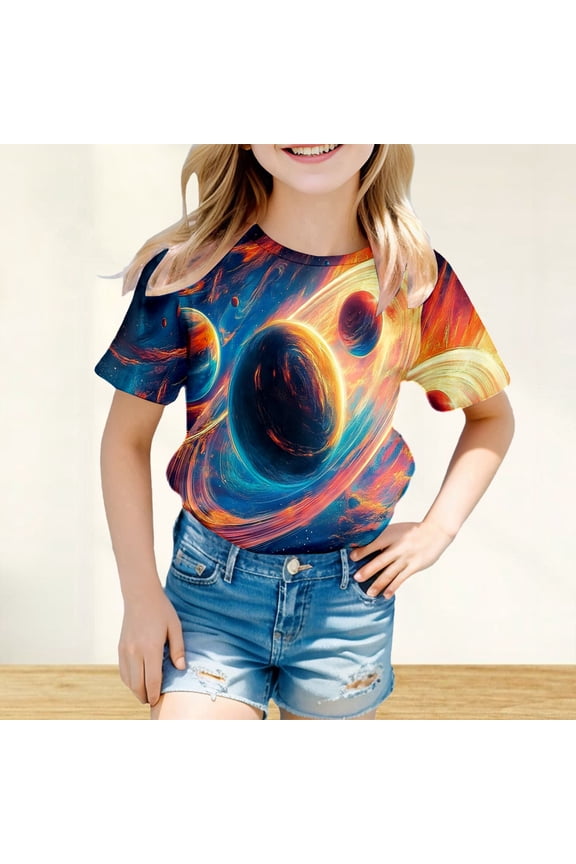 Girls Tshirts Toddler Celestial Star Print Crewneck Short Sleeve Casual Top Girls' Tops Orange 3-4 Years