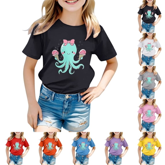 Girls Tshirts Toddler Ocean Animal Graphic Tee Short Sleeve Round Neck Soft Girls' Tops Purple 4-5 Years