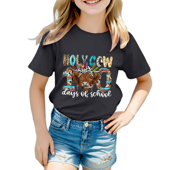 Girls Tshirts Tween Kids Short Sleeve 100 Days Of School Printed Tee Tops Summer O Neck Shool Outerwear T-Shirt Comfort Outwear And Homewear Tee Shirts