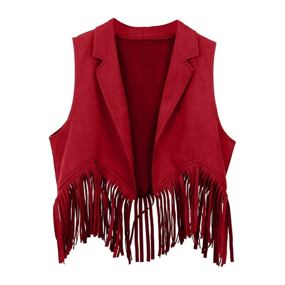 Girls Tshirts Western Cowboy Roleplay Open Front Party Dress Up Tassel Fringe Waist Vest Top Girls' Tops Red 7-8 Years