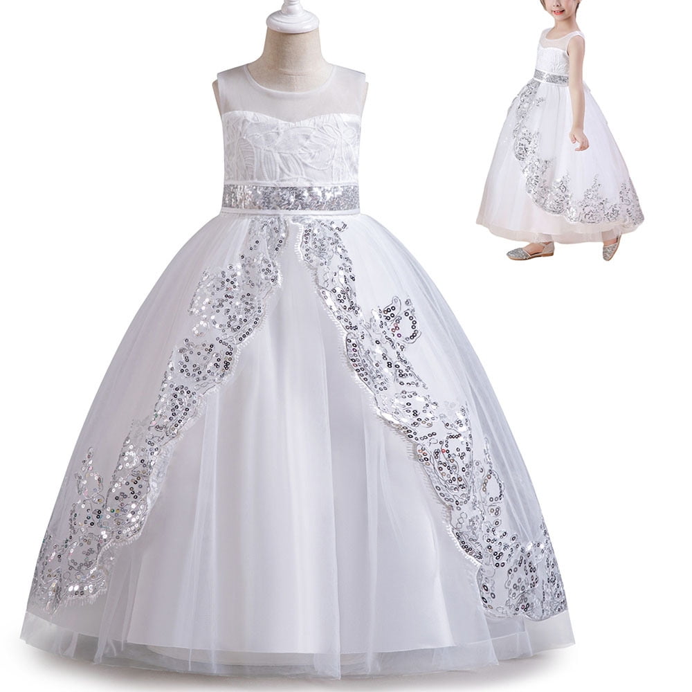 Big Girls Champagne Rhinestone Pearl Wired Tulle Hi-Low Junior Bridesmaid Dress 8-12