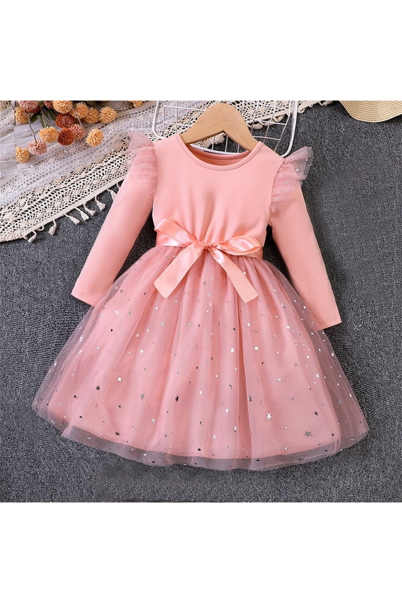 Girls Tulle Dress with Bow, Princess Party Dress with Long Sleeves, Children's Bow Waist Dress for Birthday Flower Girl and Special Occasions, Age 1-8 Years Pink 110