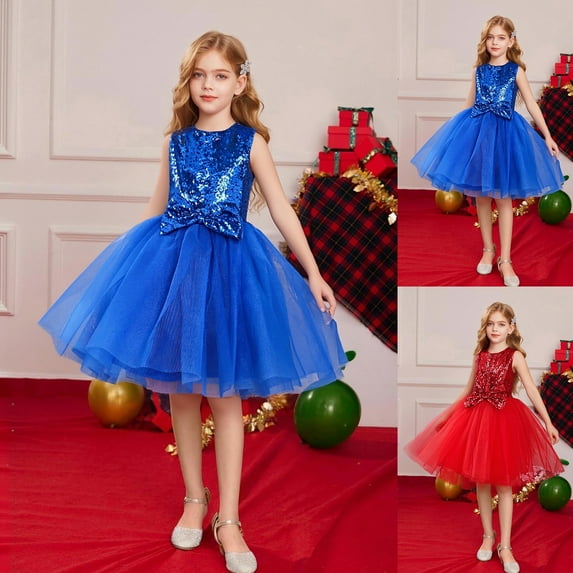 Girls Tulle Dress Sleeveless Sequined Crew Neck Sparkly Pageant Formal Fancy Birthday Party Dresses Blue 11 Y-12 Y